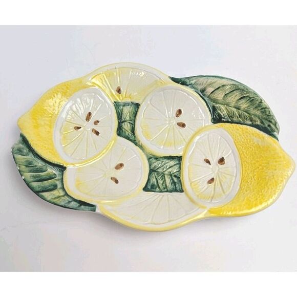 Italian Pottery Embossed Lemon Ceramic Dish Bowl Plate 8” x 5” Spoonrest - Picture 2 of 5